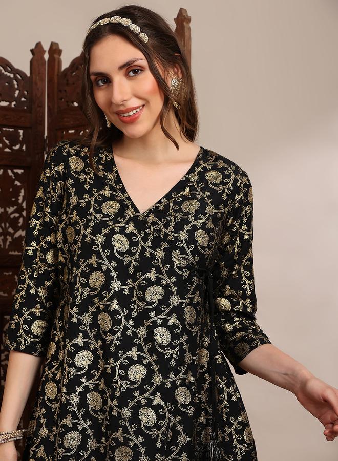 globus Women Black Gold Foil Floral Print Kurta with Pants Set - Image 5